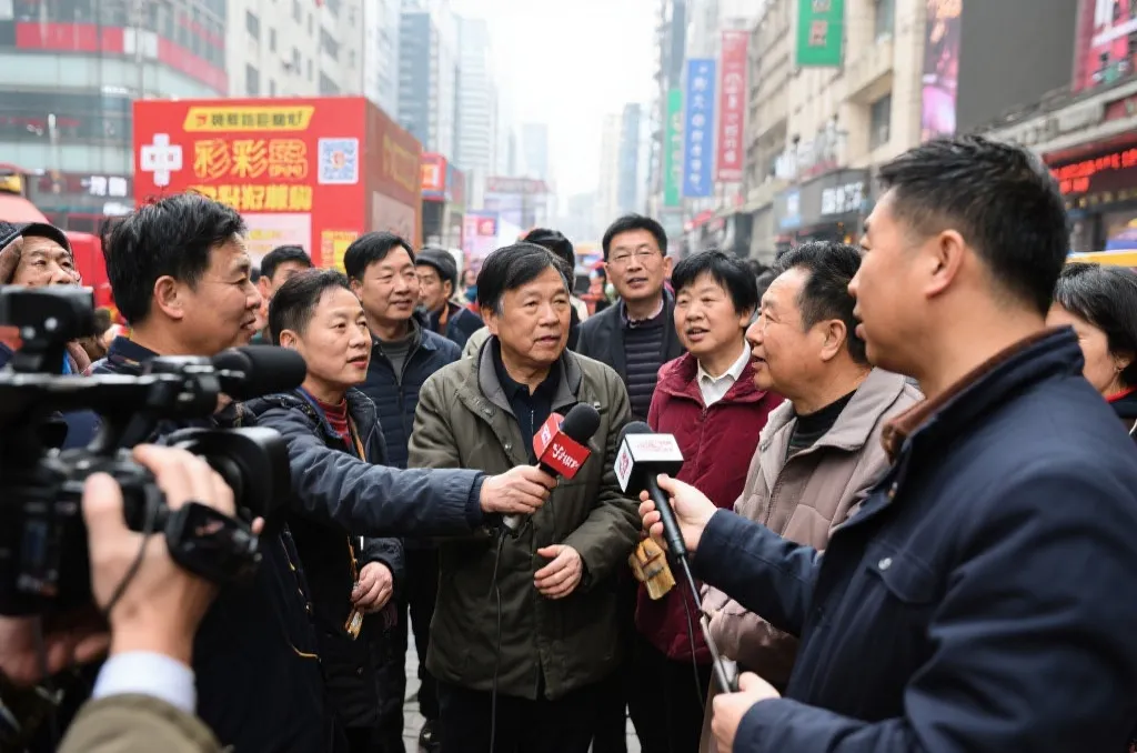 媒体记者在采访市民，大家热烈讨论彩票开奖